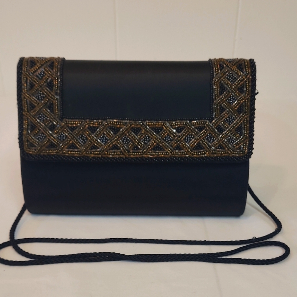 Carolyne Barton Beaded Vintage Shoulder Bag Black Satin Snap Closure Black Cord